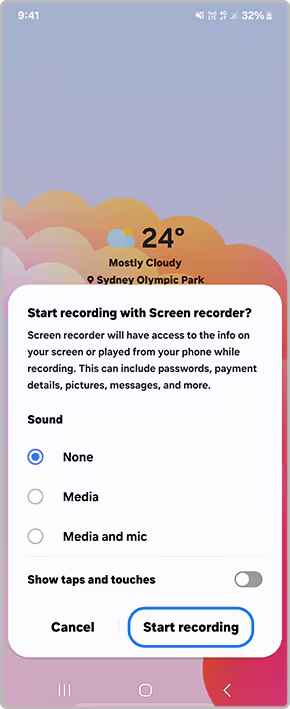 Select the screen recorder audio settings