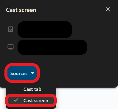 5.Select ‘Sources’ and change it to ‘Cast screen’.